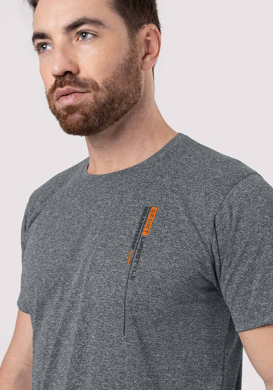 Camiseta Masculina em Malha com Detalhe Estampa, MESCLA MEDIO. Camiseta Masculina em Malha com Detalhe Estampa, MESCLA MEDIO, large.