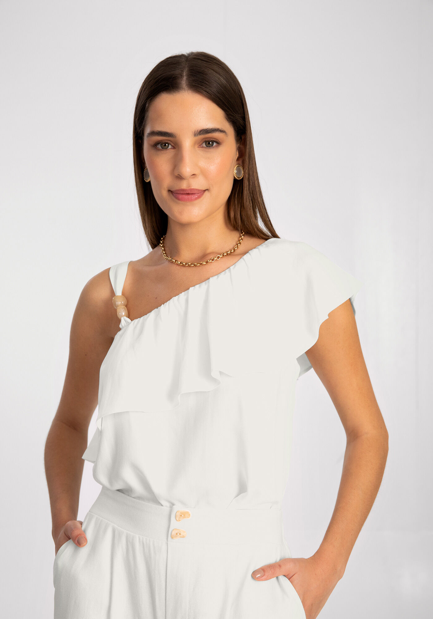 Blusa Ombro S em Viscose com Babado Lunender