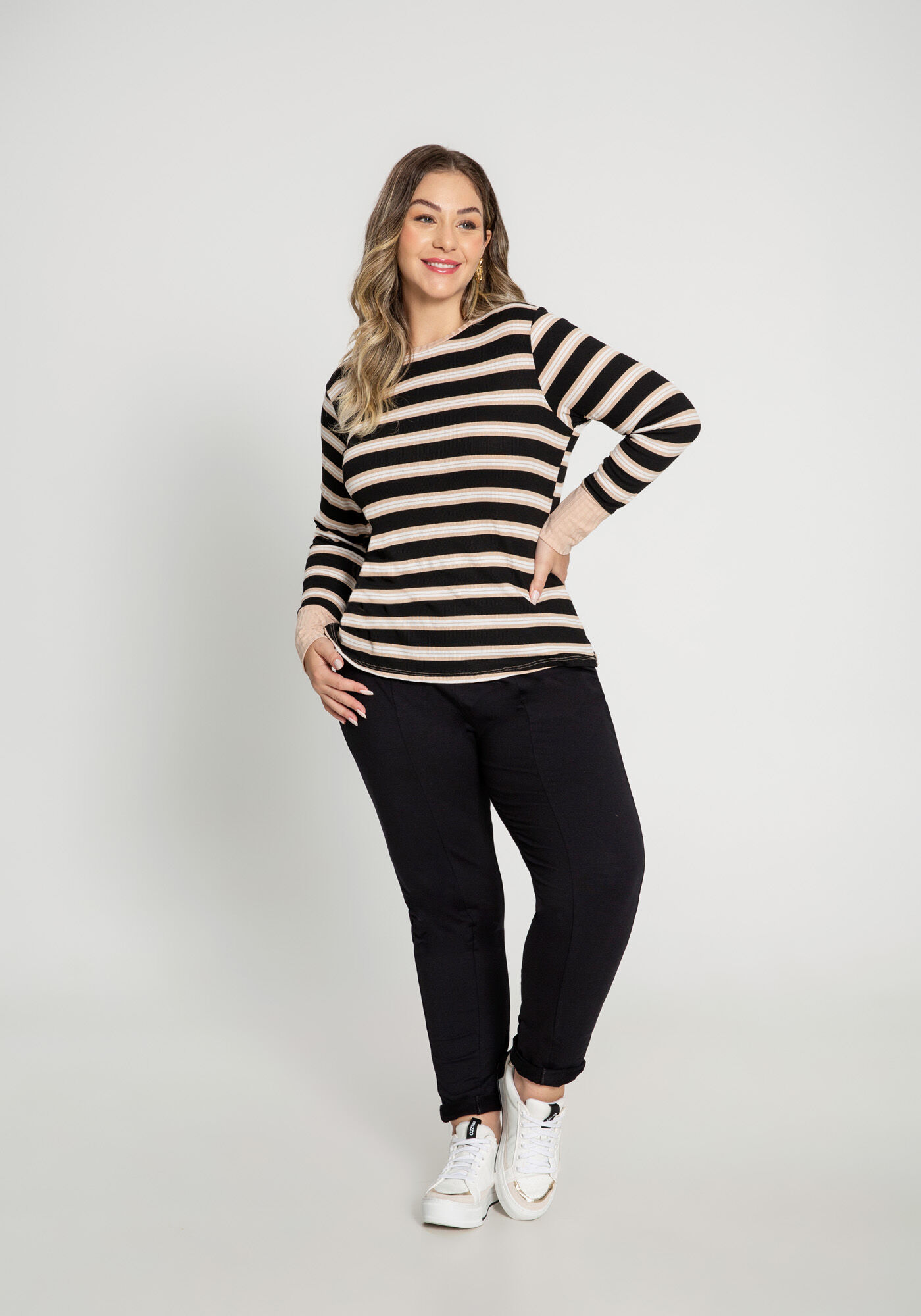 Blusa Listrada Canelada com Manga Longa Plus Size, BEGE ZUCCA, large.