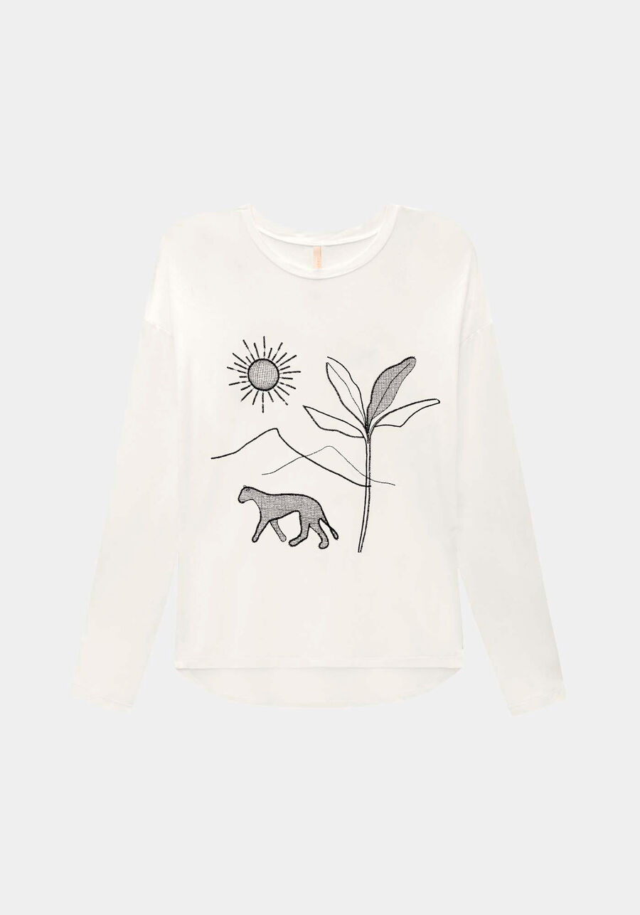 Blusa Manga Longa em Malha Viscose com Bordado, BRANCO OFF WHITE. Blusa Manga Longa em Malha Viscose com Bordado, BRANCO OFF WHITE, large.