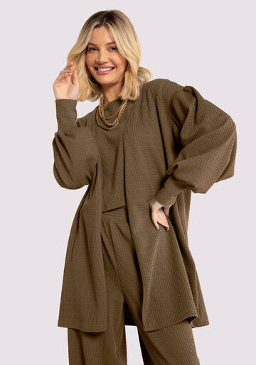Cardigan Alongado Texturizado com Manga Bufante, MARROM GROOT. Cardigan Alongado Texturizado com Manga Bufante, MARROM GROOT, large.
