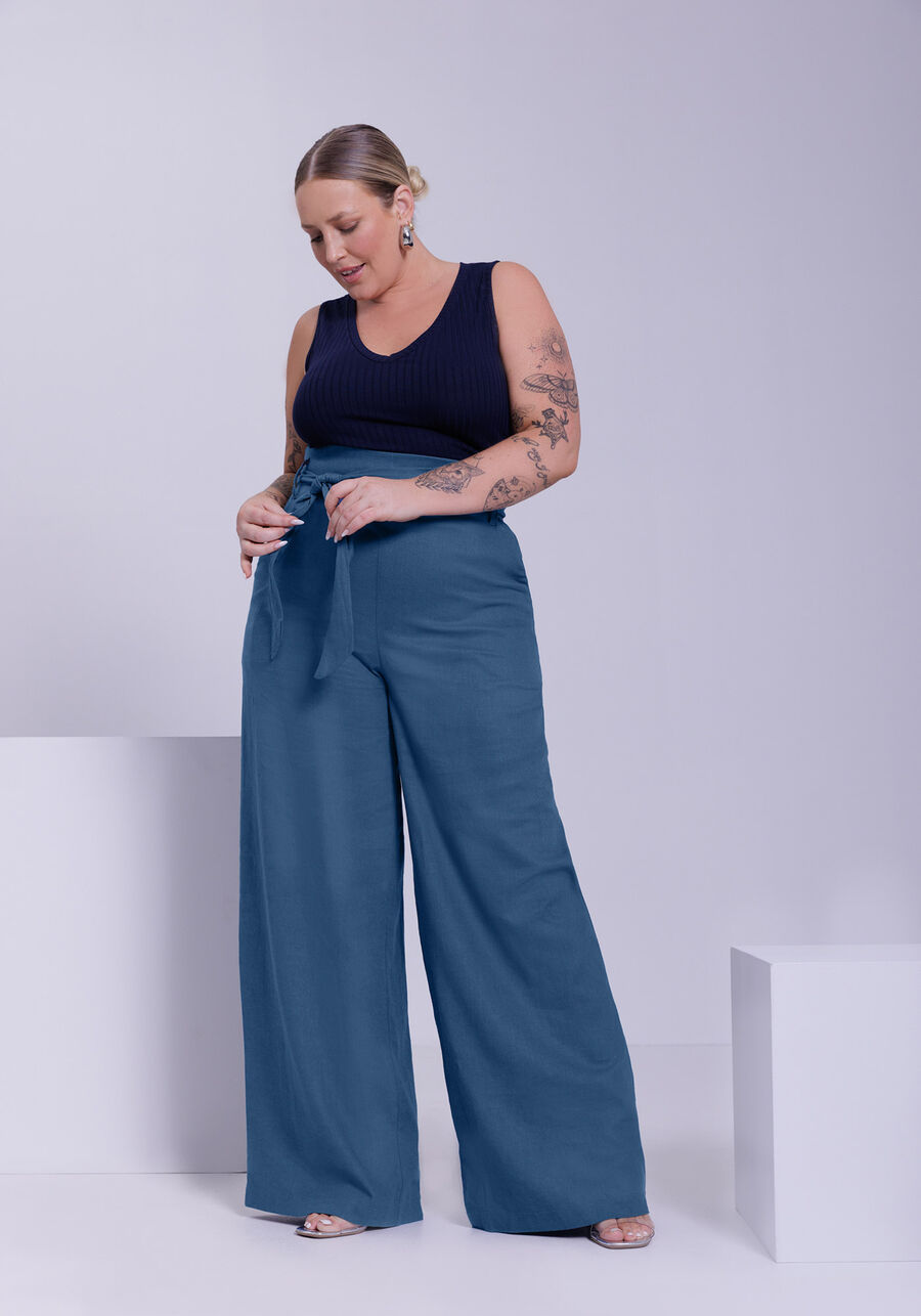 Calça Wide Leg Plus Size em Tecido Linho com Cinto, MARINHO STELLA. Calça Wide Leg Plus Size em Tecido Linho com Cinto, MARINHO STELLA, large.