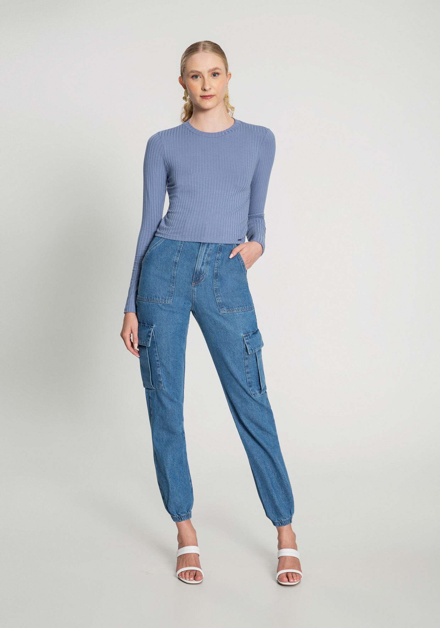 Blusa Manga Longa Canelada B&aacute;sica com Gola, , large.