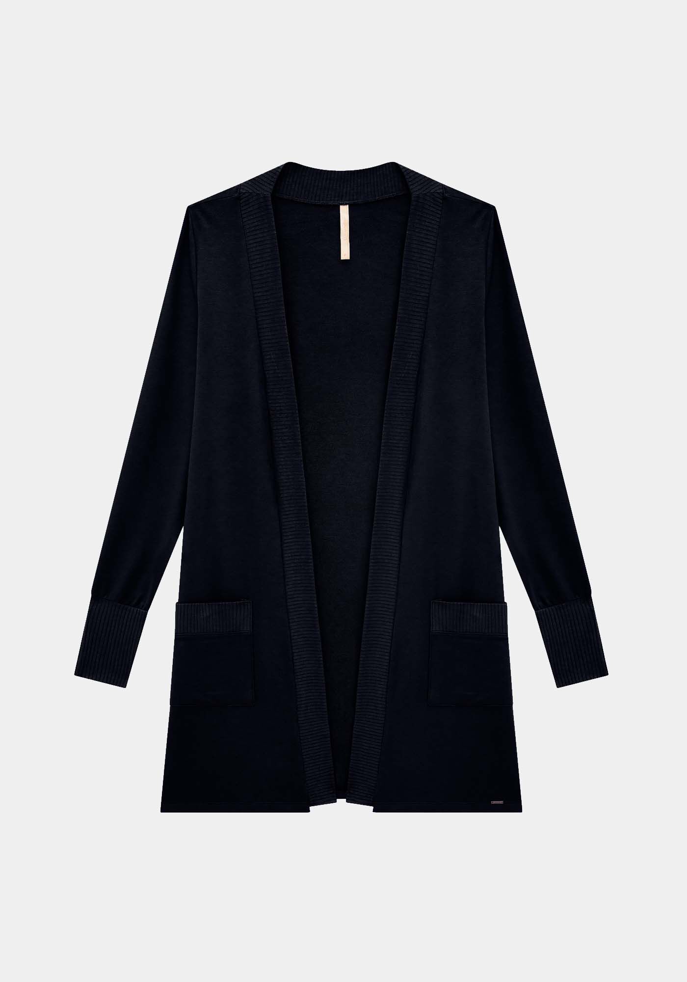 Cardigan Alongado em Moletom com Bolsos, PRETO REATIVO, large.