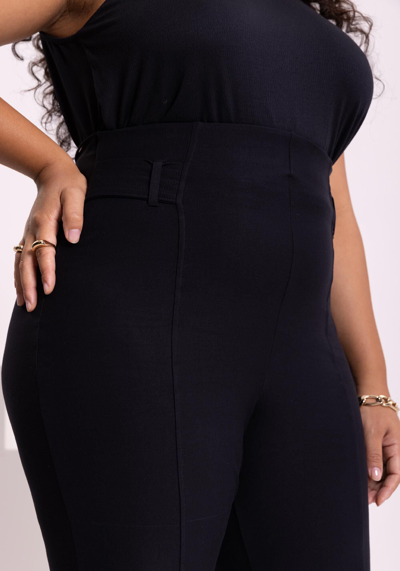 Cal&ccedil;a Reta Com Cintura Alta E Nervuras Em Malha Crepe, , large.