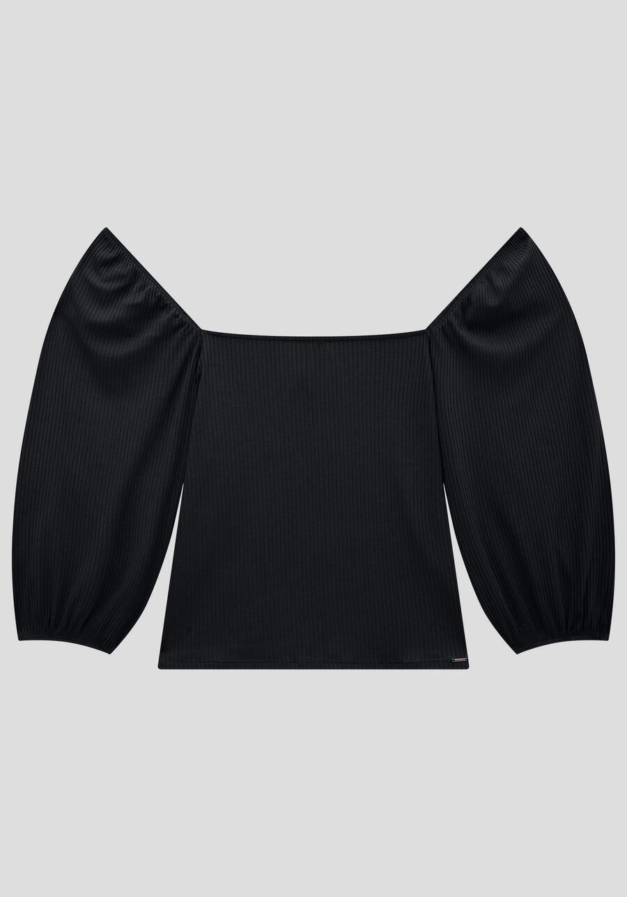 Blusa Plus Size Canelada com Manga Bufante, PRETO REATIVO. Blusa Plus Size Canelada com Manga Bufante, PRETO REATIVO, large.