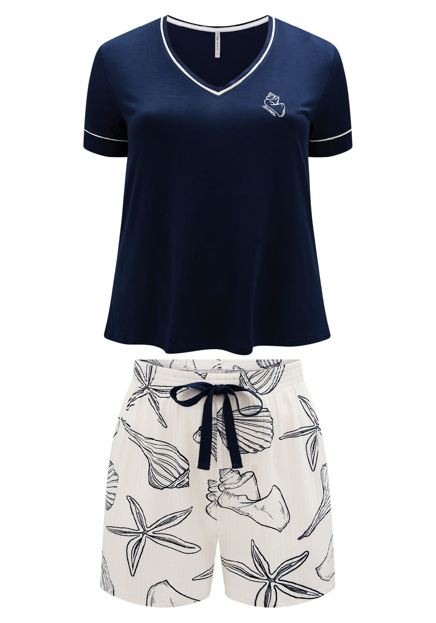 Pijama De Mangas Curtas Com Bordado E Shorts Estampado, CONCHAS OFF. Pijama De Mangas Curtas Com Bordado E Shorts Estampado, CONCHAS OFF, large.