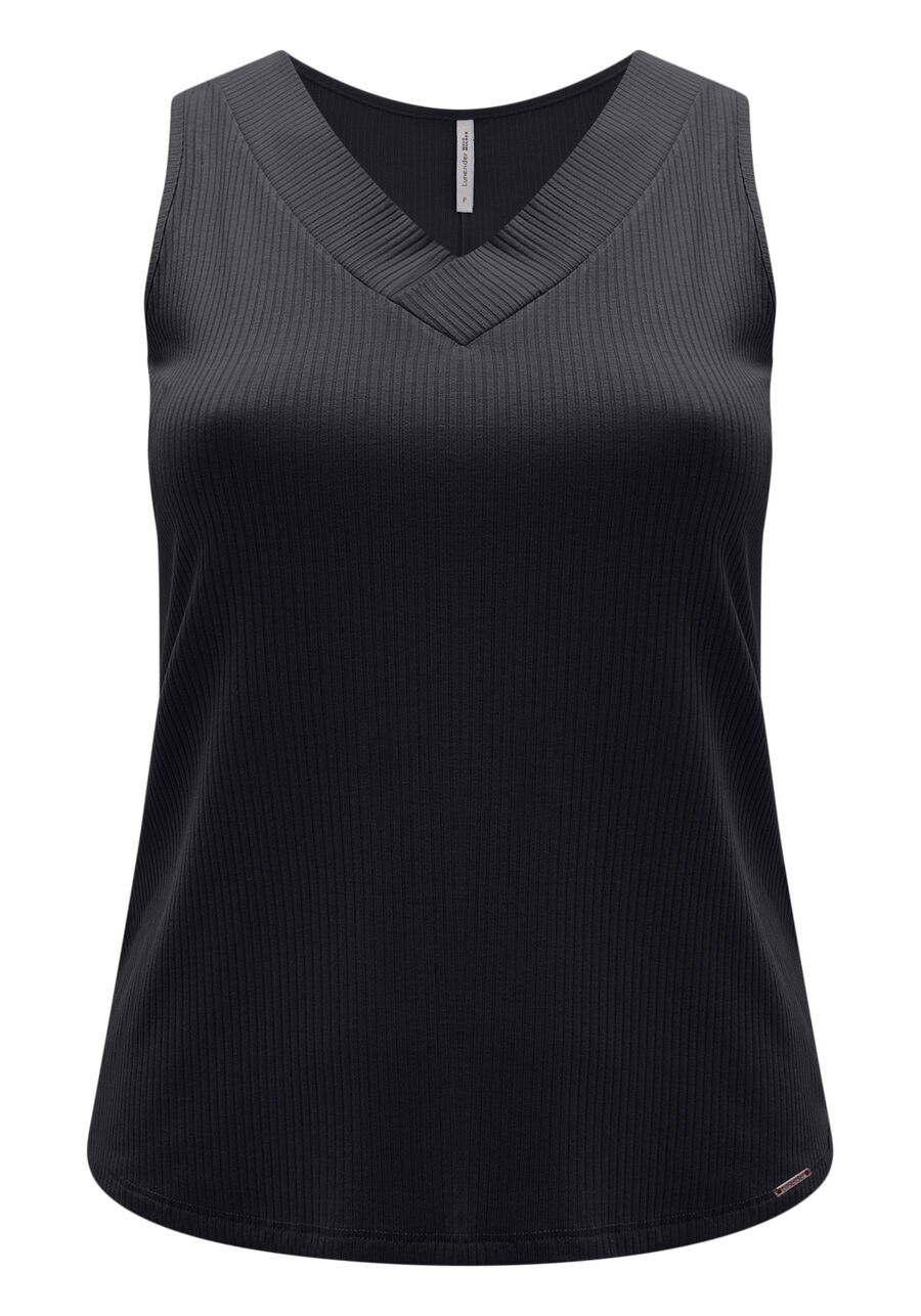 Blusa Regata Canelada Com Alças Largas E Decote Em V, PRETO REATIVO. Blusa Regata Canelada Com Alças Largas E Decote Em V, PRETO REATIVO, large.