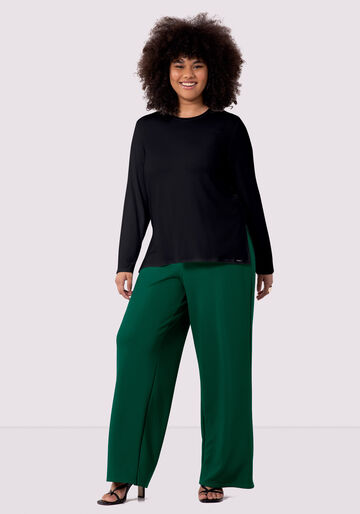 Calça Pantalona Plus Size em Malha Alfaiataria, VERDE ARABESQUE. Calça Pantalona Plus Size em Malha Alfaiataria, VERDE ARABESQUE, large.