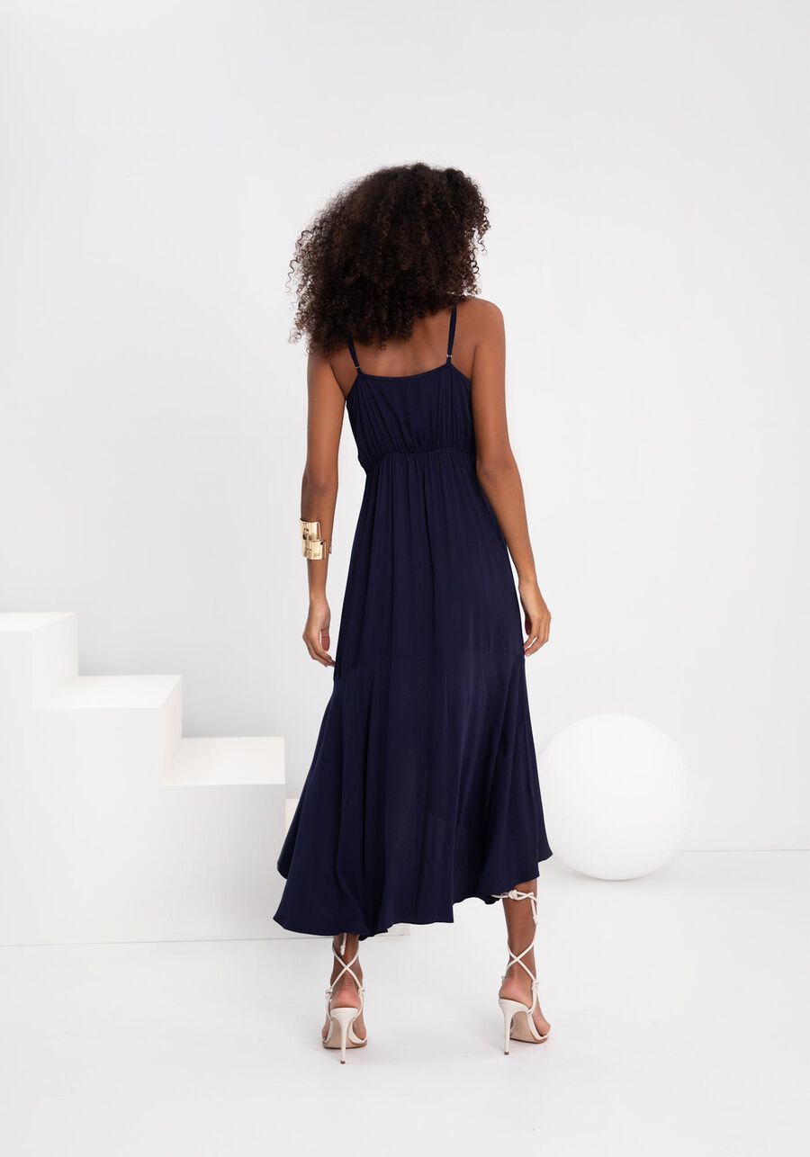 Vestido Midi Chá De Alças Finas Com Fenda E Busto Franzido, MARINHO ACTION. Vestido Midi Chá De Alças Finas Com Fenda E Busto Franzido, MARINHO ACTION, large.