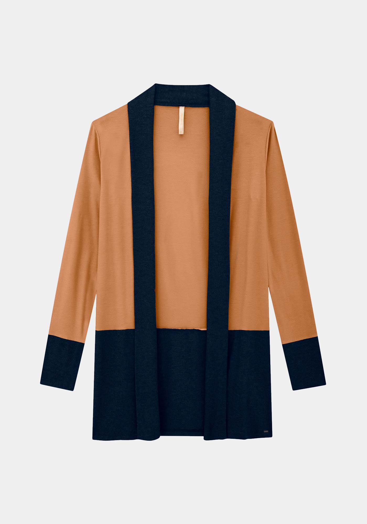 Cardigan Alongado em Malha Crepe com Recortes, BEGE BOOK, large.