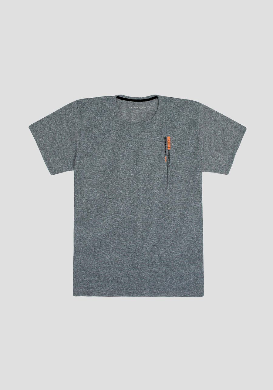 Camiseta Masculina em Malha com Detalhe Estampa, MESCLA MEDIO. Camiseta Masculina em Malha com Detalhe Estampa, MESCLA MEDIO, large.