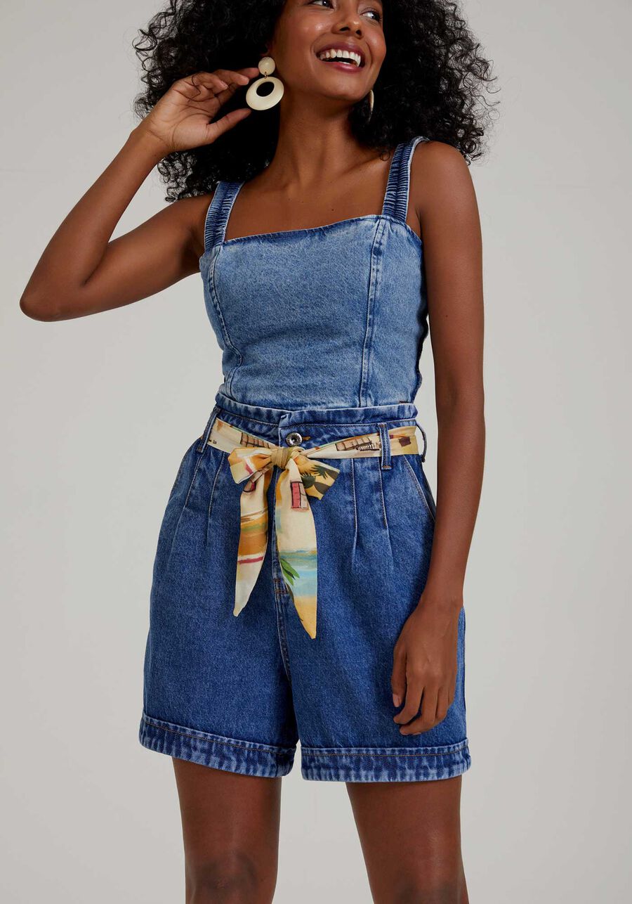 Shorts Jeans Clochard com Cinto Estampado, JEANS. Shorts Jeans Clochard com Cinto Estampado, JEANS, large.