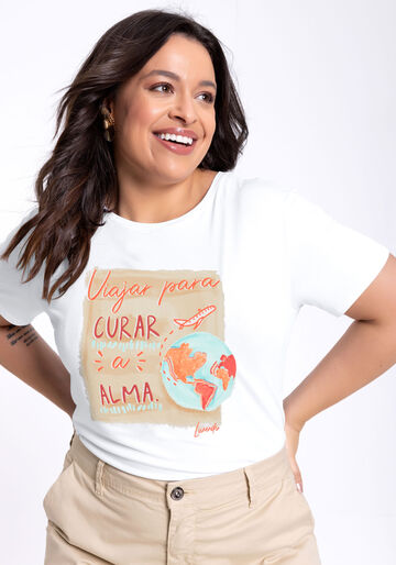 T-shirt Plus Size em Malha com Estampa Viajar, BRANCO, large.