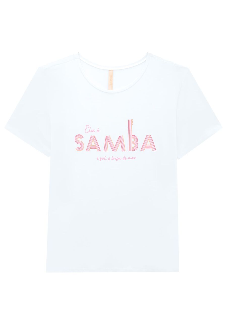 T-shirt Slim em Malha com Estampa Samba, BRANCO, large.