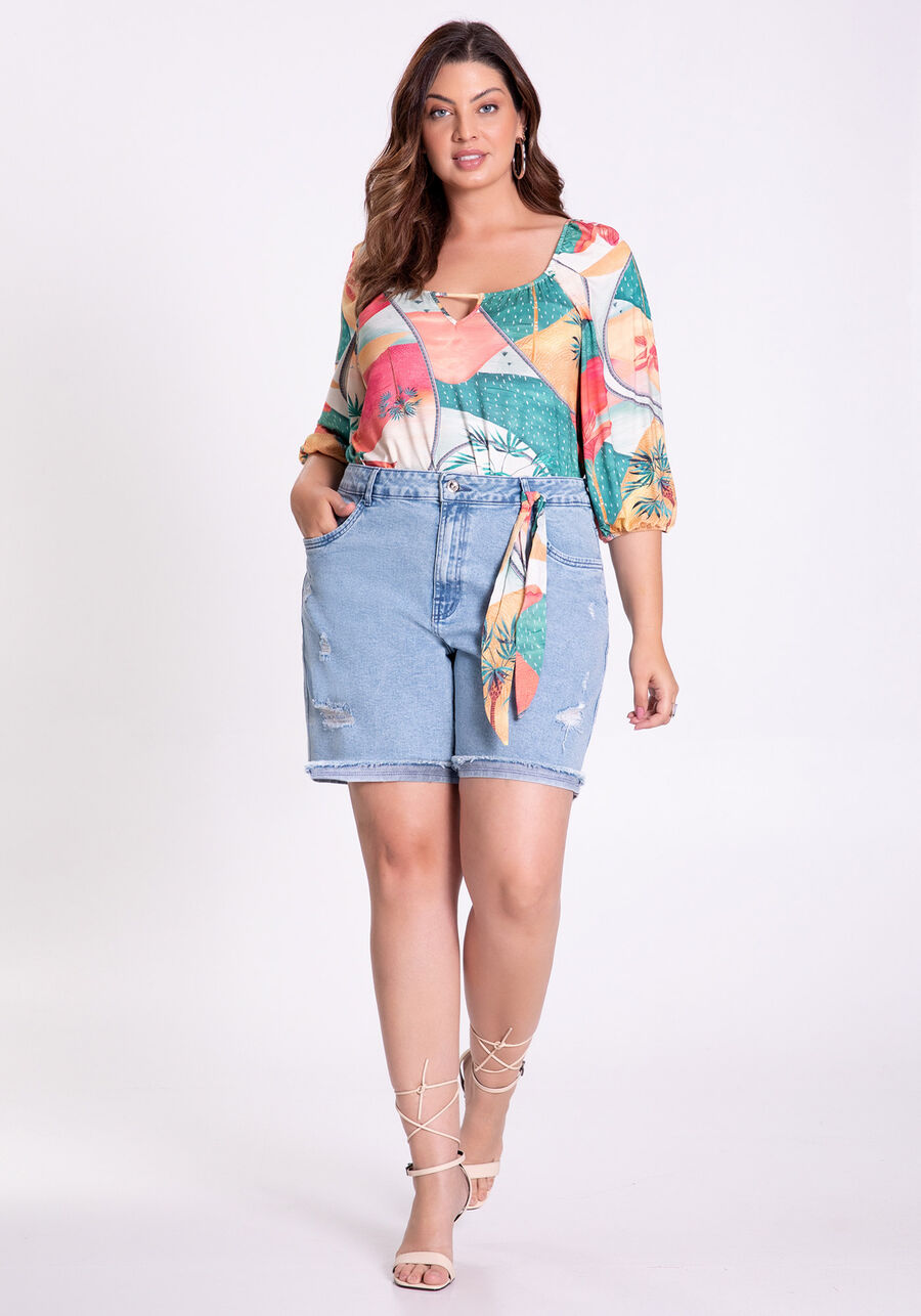 Blusa Plus Size Estampada com Manga 3/4 Bufante, . Blusa Plus Size Estampada com Manga 3/4 Bufante, , large.