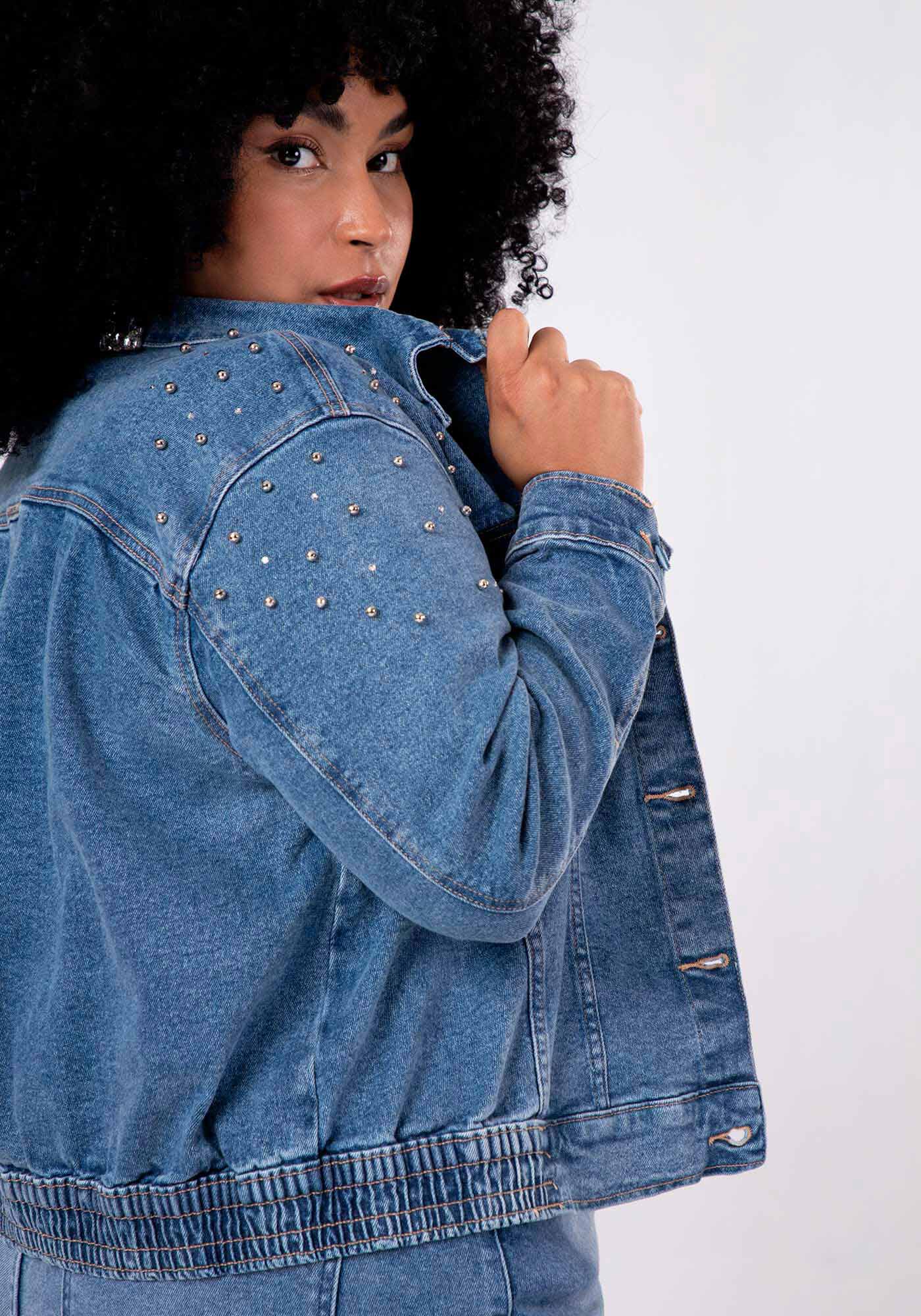 Jaqueta Cropped Jeans Plus Size com Brilho Lunender