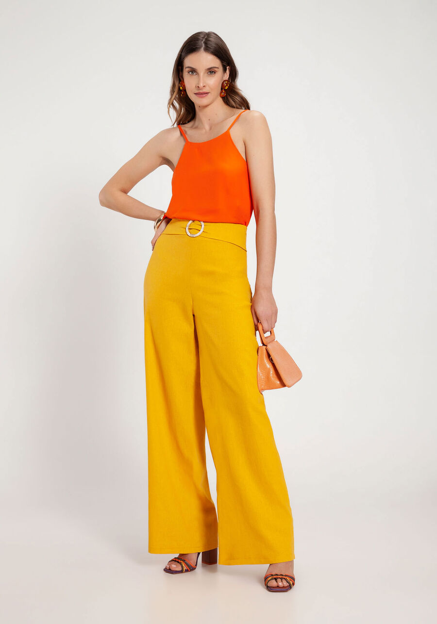 Calça Pantalona em Linho com Cinto, AMARELO GAMUZA. Calça Pantalona em Linho com Cinto, AMARELO GAMUZA, large.