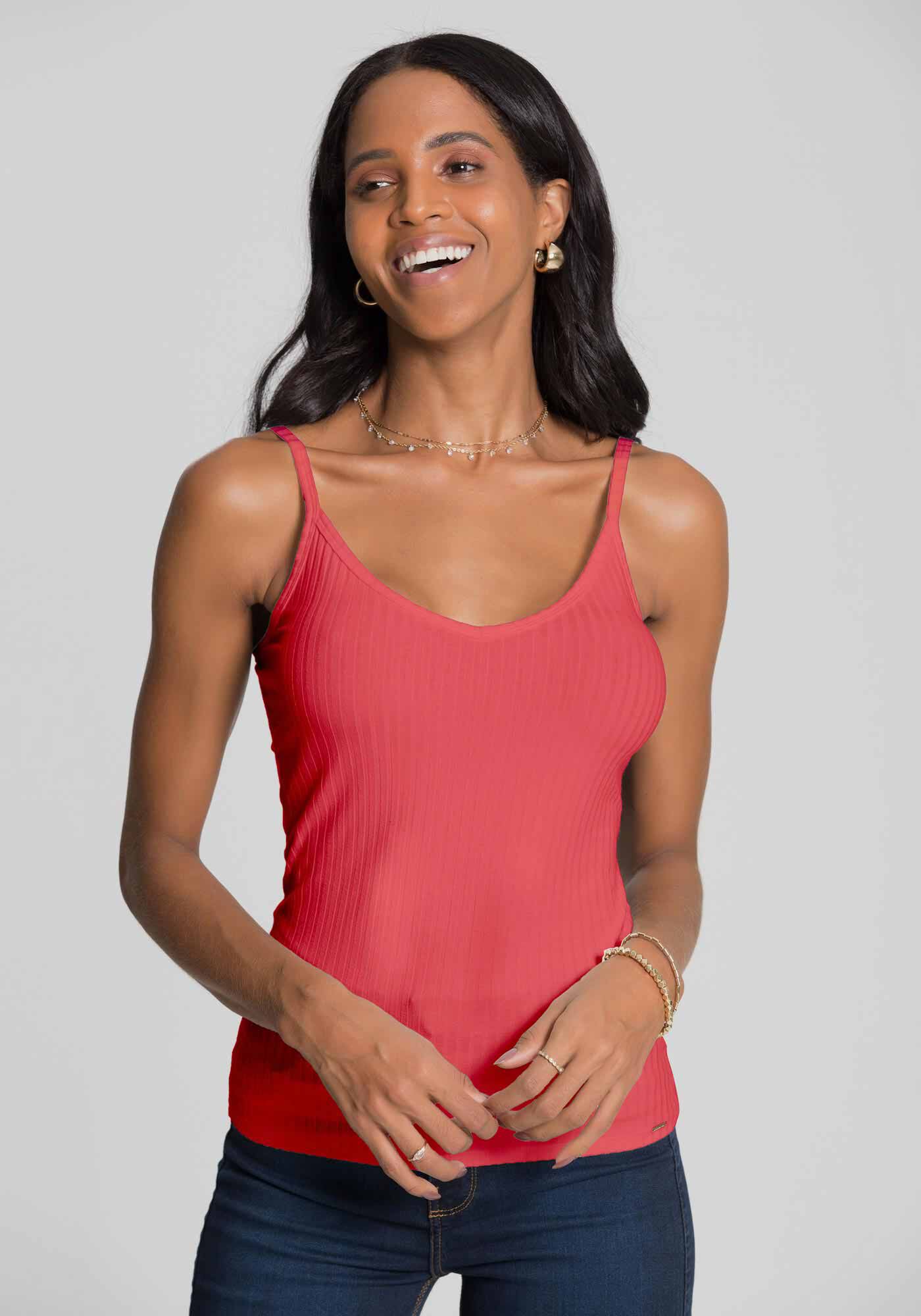 Blusa Regata B&aacute;sica De Al&ccedil;as Finas Em Malha Canelada, , large.