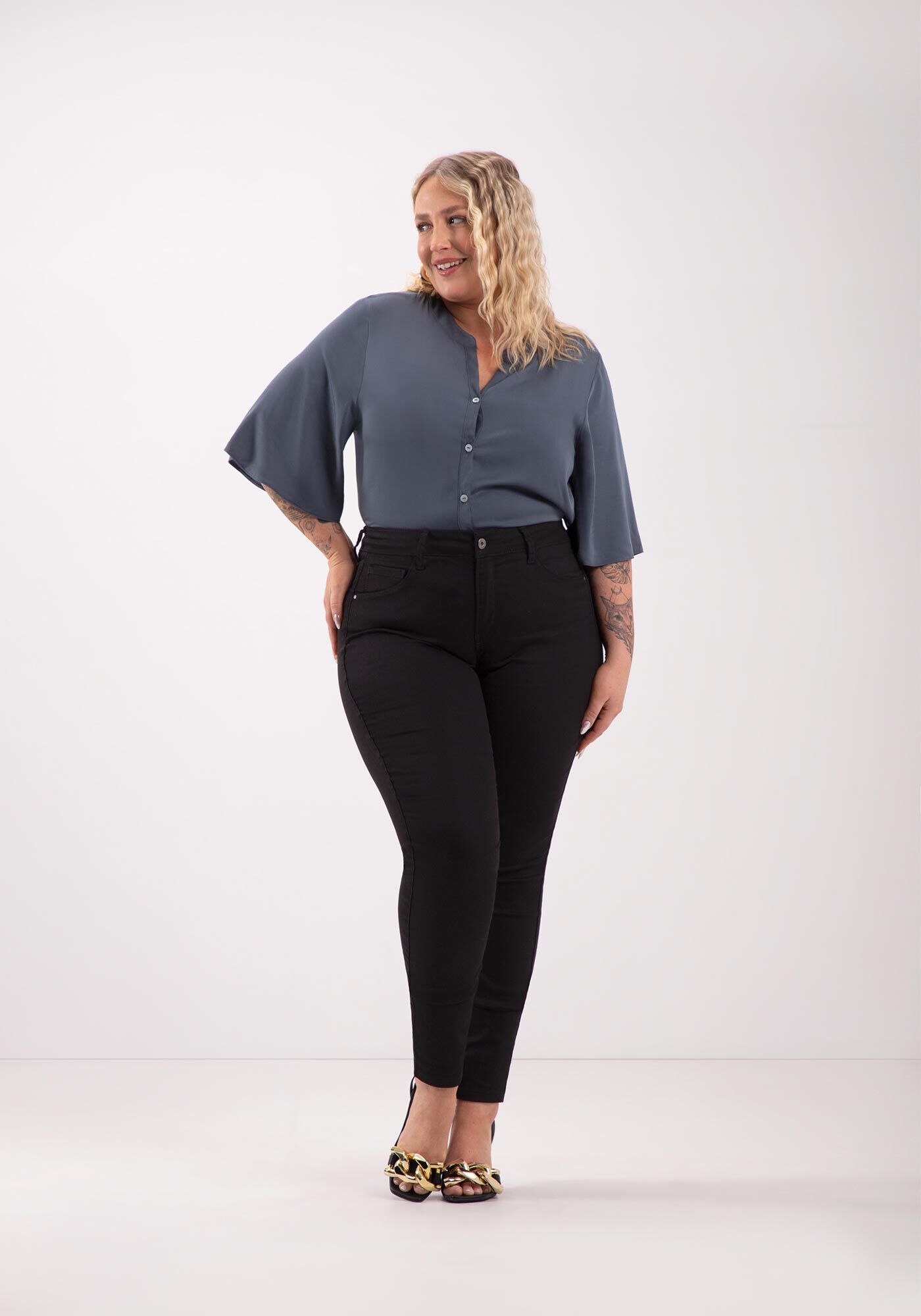 Cal&ccedil;a Skinny De Cintura M&eacute;dia Plus Size Sarja Chapa Barriga, PRETO REATIVO, large.