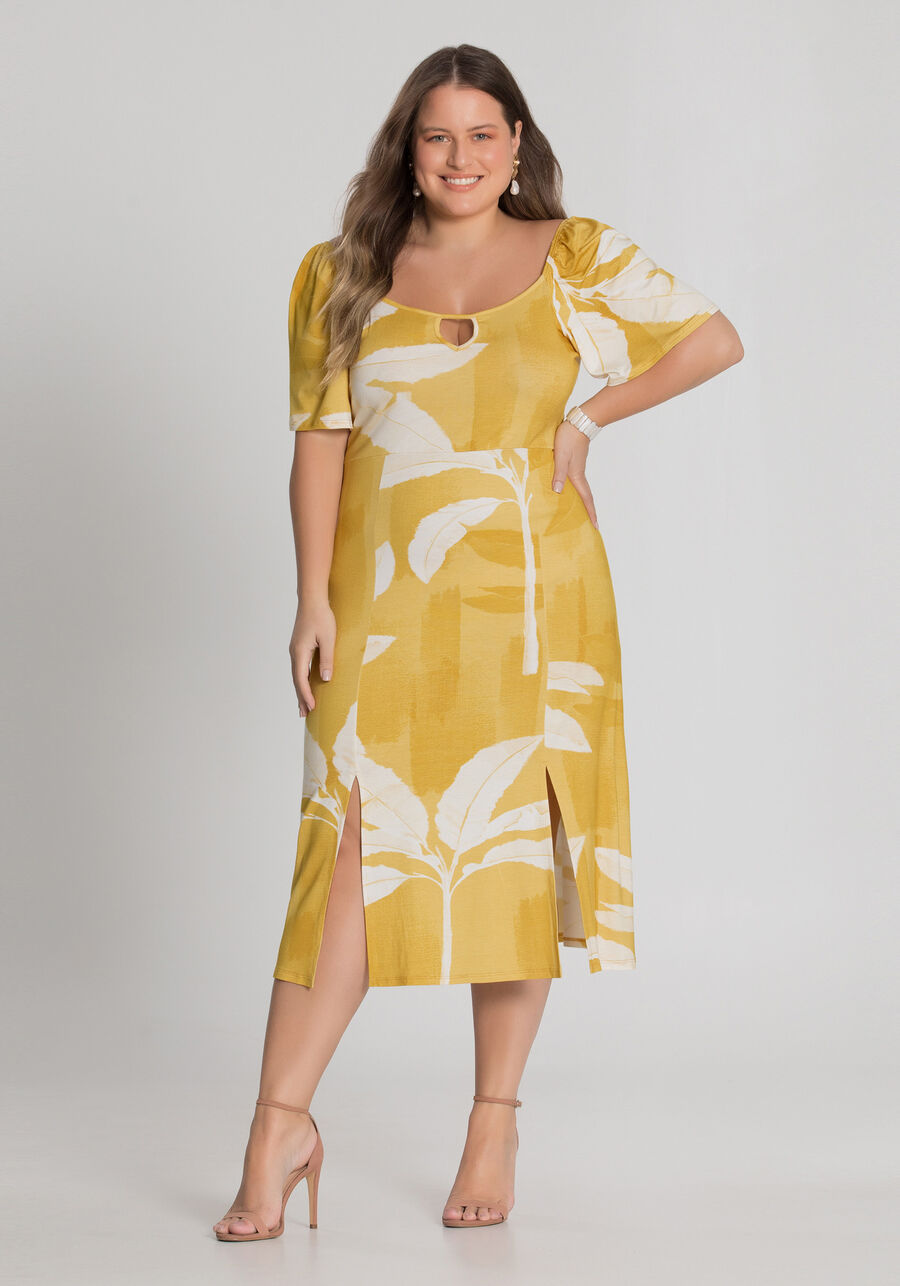 Vestido Midi Estampado Plus Size, AMARELO SOLE. Vestido Midi Estampado Plus Size, AMARELO SOLE, large.