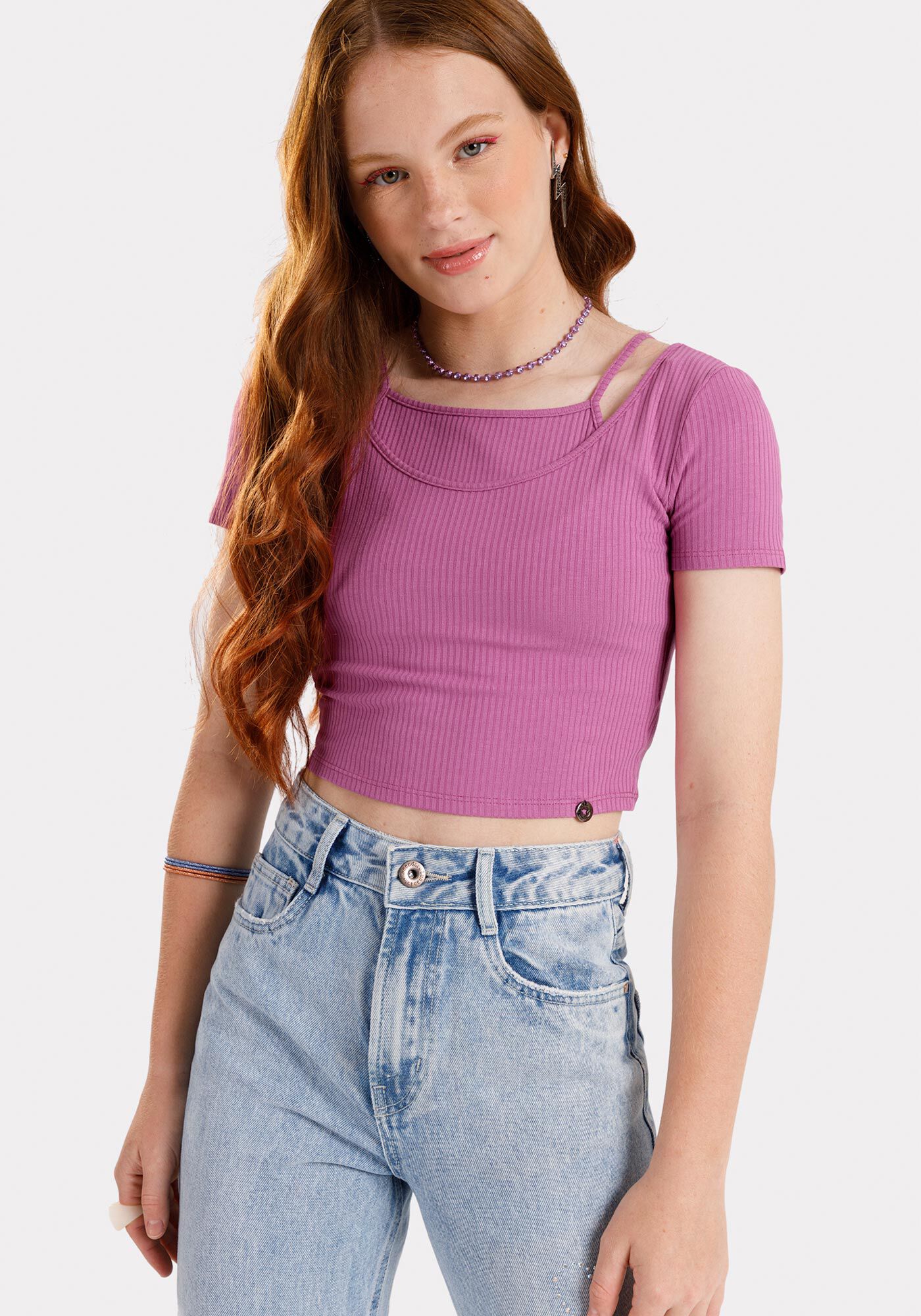 Blusa Cropped Canelada Juvenil com Recorte Sobreposto, , large.