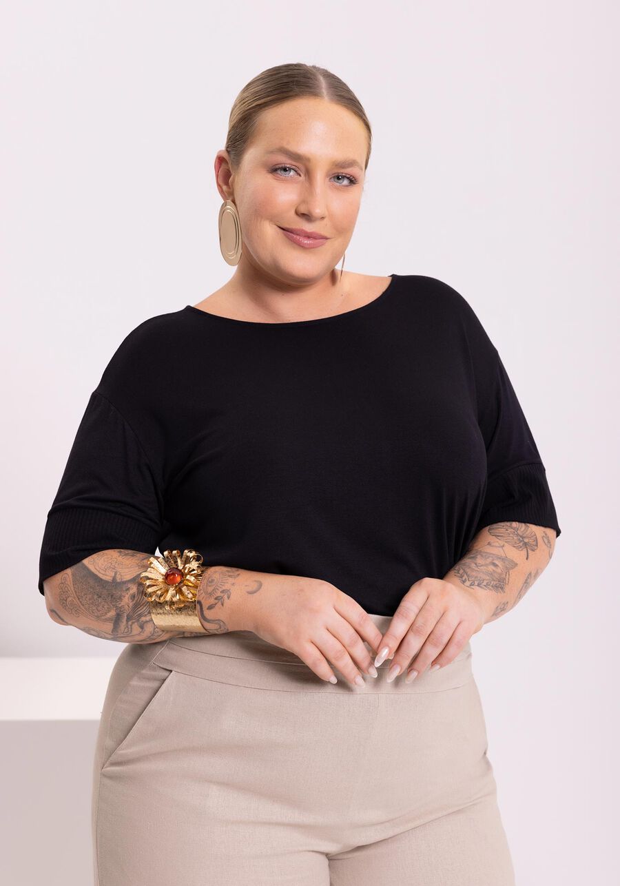 Blusa Acinturada Com Mangas Médias E Decote Redondo Em Malha, PRETO. Blusa Acinturada Com Mangas Médias E Decote Redondo Em Malha, PRETO, large.