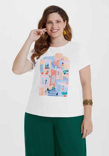 T-shirt Plus Size em Malha Estampada, BRANCO, large.