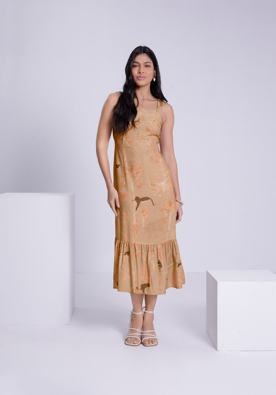 Vestido Midi Estampado em Viscose com Babado, AMAZONIA MARROM. Vestido Midi Estampado em Viscose com Babado, AMAZONIA MARROM, large.