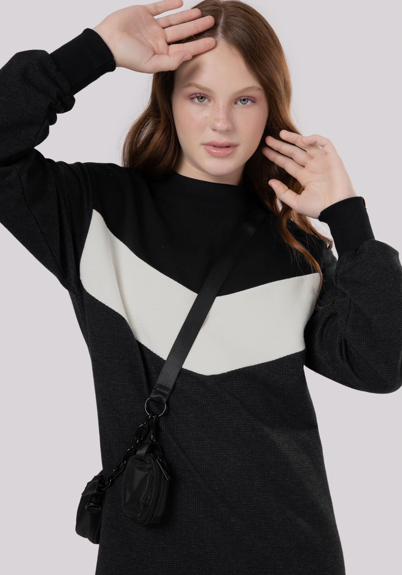 Vestido Curto Juvenil Manga Longa com Recorte, , large.