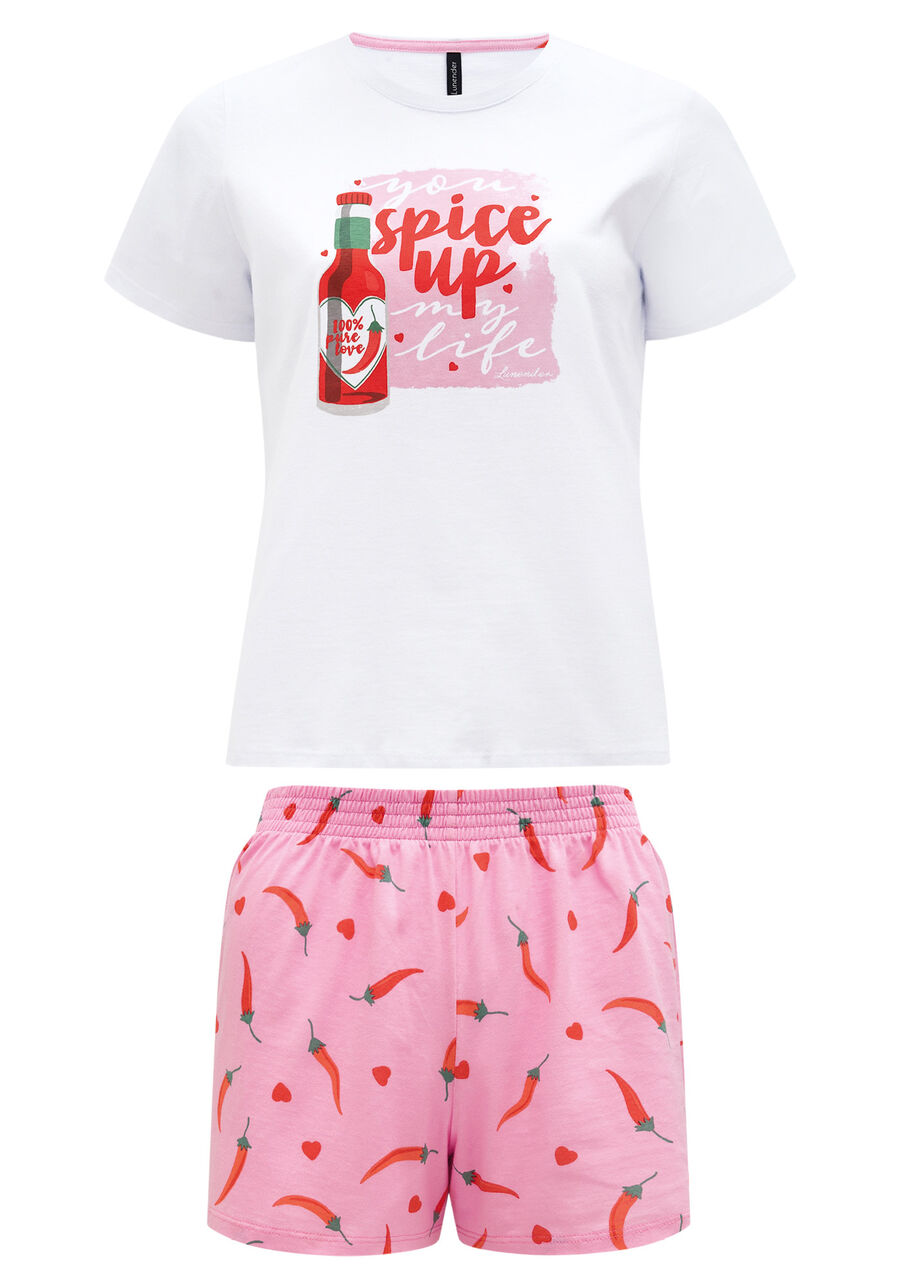 Pijama Em Meia Malha Penteada Com Blusa E Shorts Estampado, . Pijama Em Meia Malha Penteada Com Blusa E Shorts Estampado, , large.