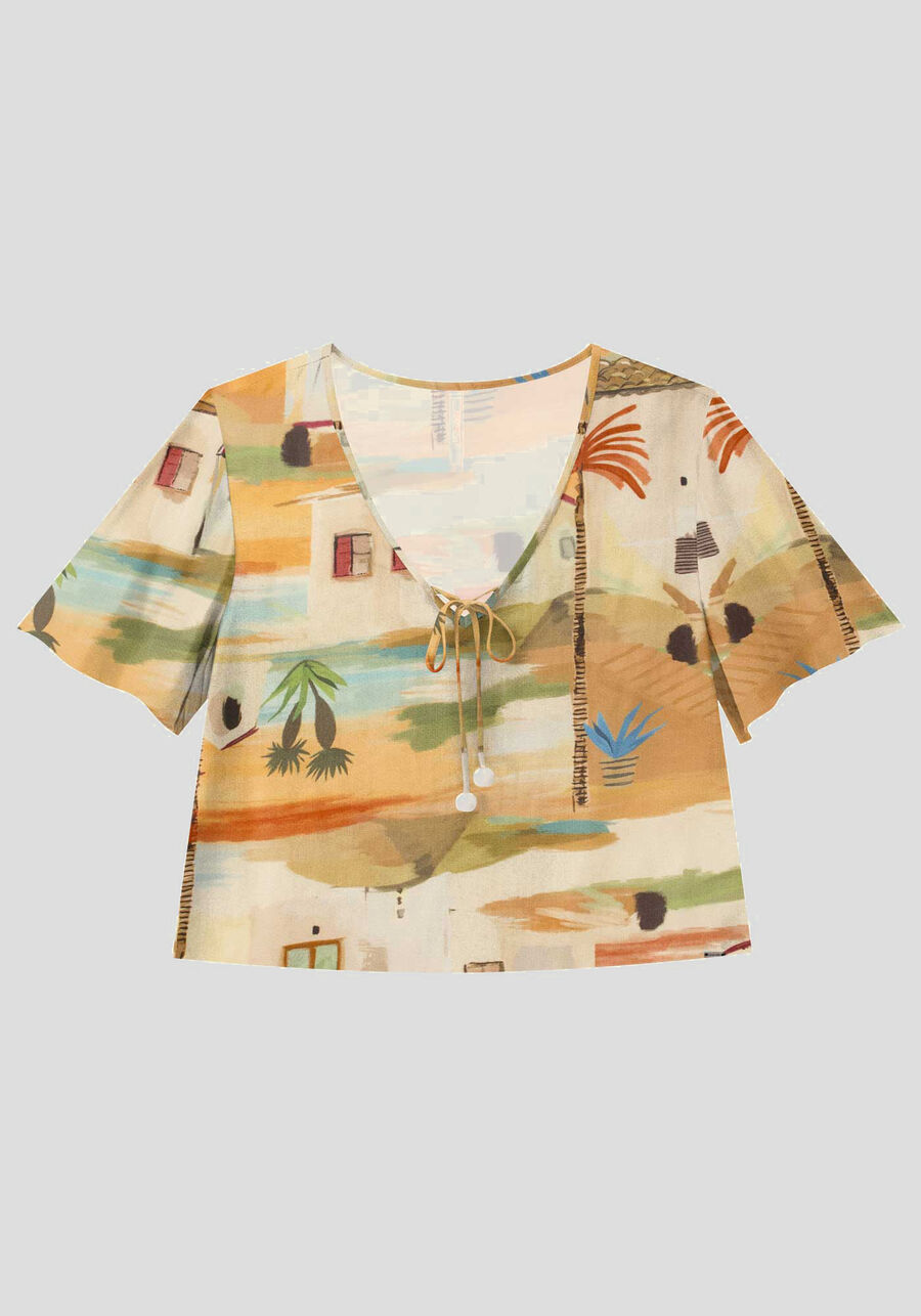 Blusa Estampada em Viscose com Amarração, , large.