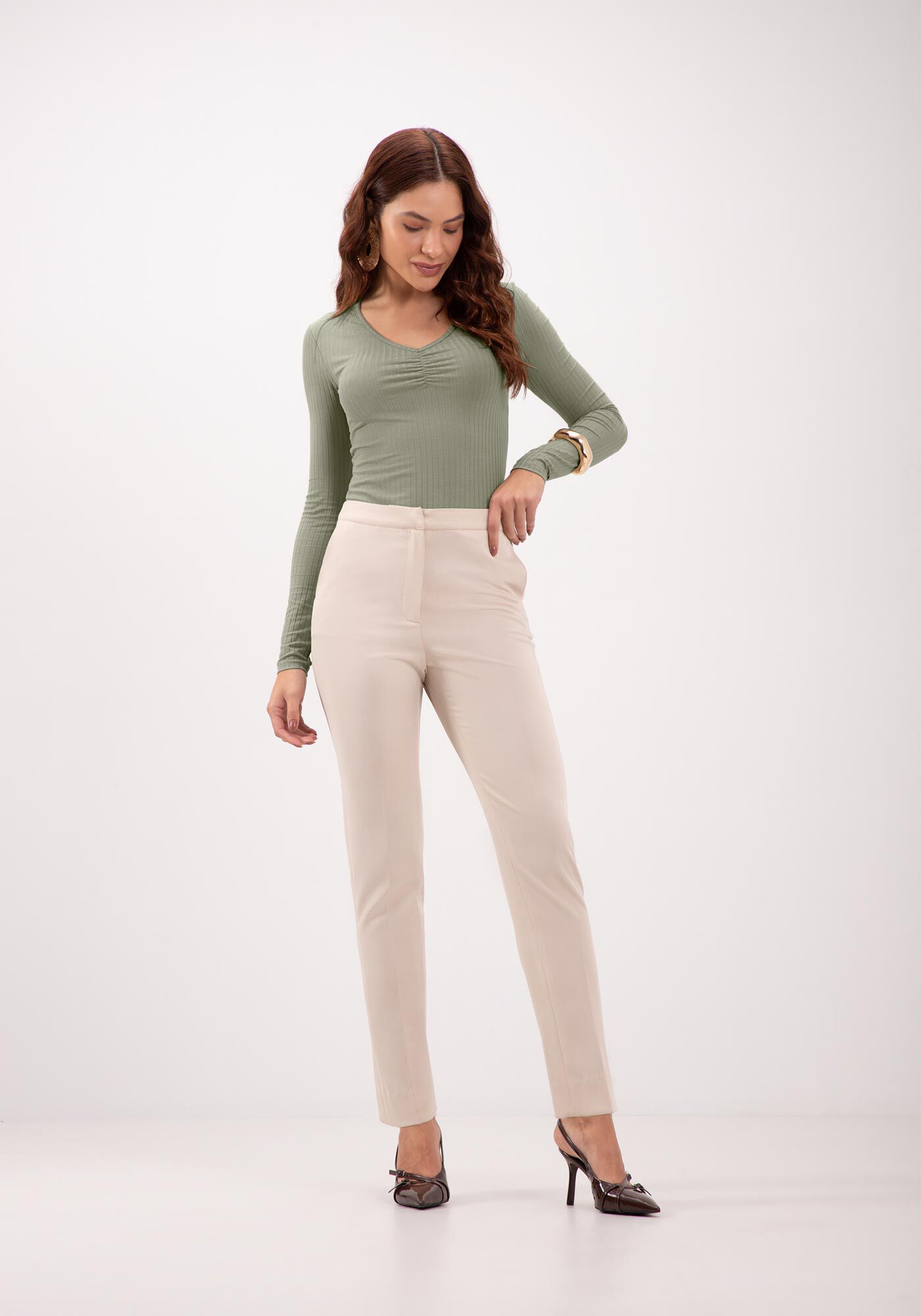 Blusa De Malha Canelada Com Mangas Longas E Decote Em V, , large.