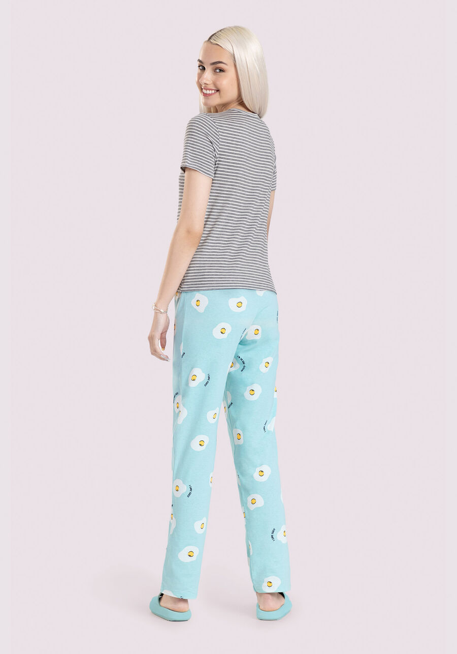 Pijama Juvenil Estampado com Blusa e Calça, EGGS AZUL, large.