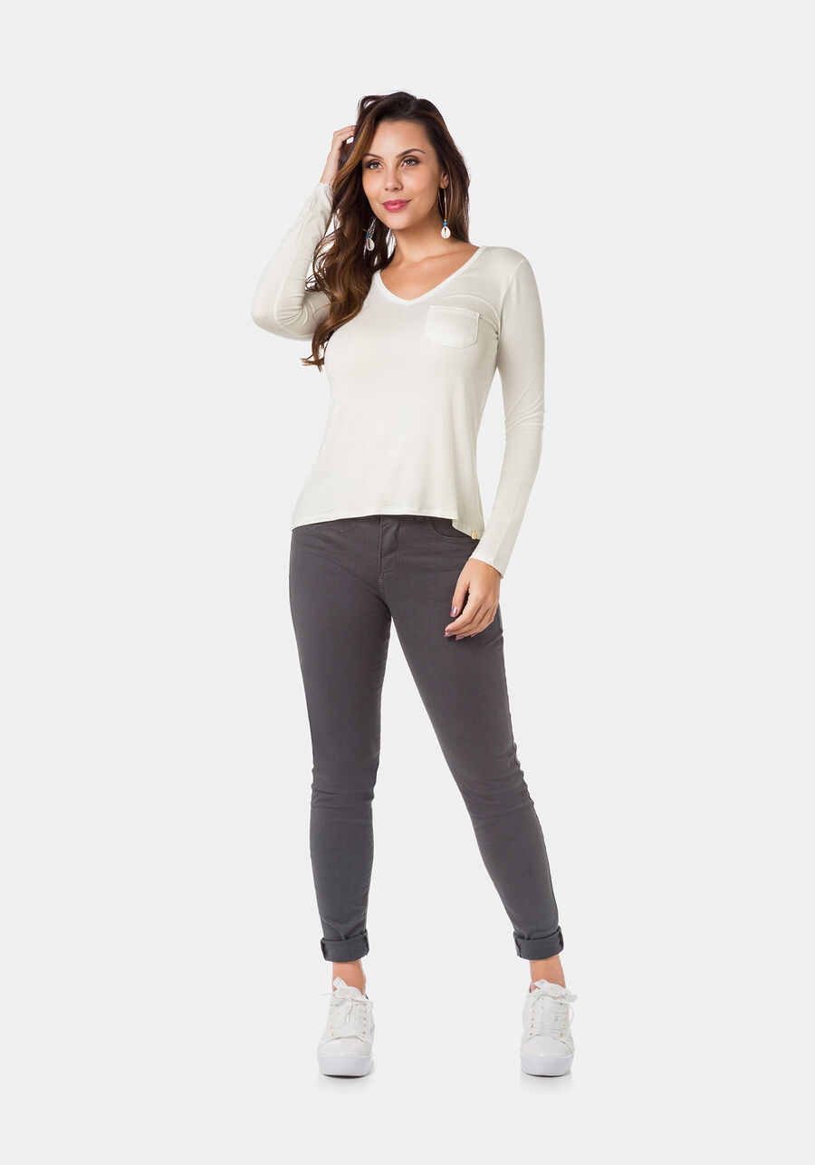 Blusa Manga Longa Básica com Bolso, BRANCO OFF WHITE. Blusa Manga Longa Básica com Bolso, BRANCO OFF WHITE, large.