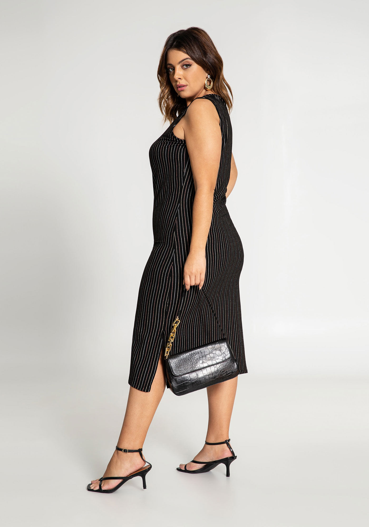 Vestido Midi Plus Size Malha Canelado, PRETO, large.