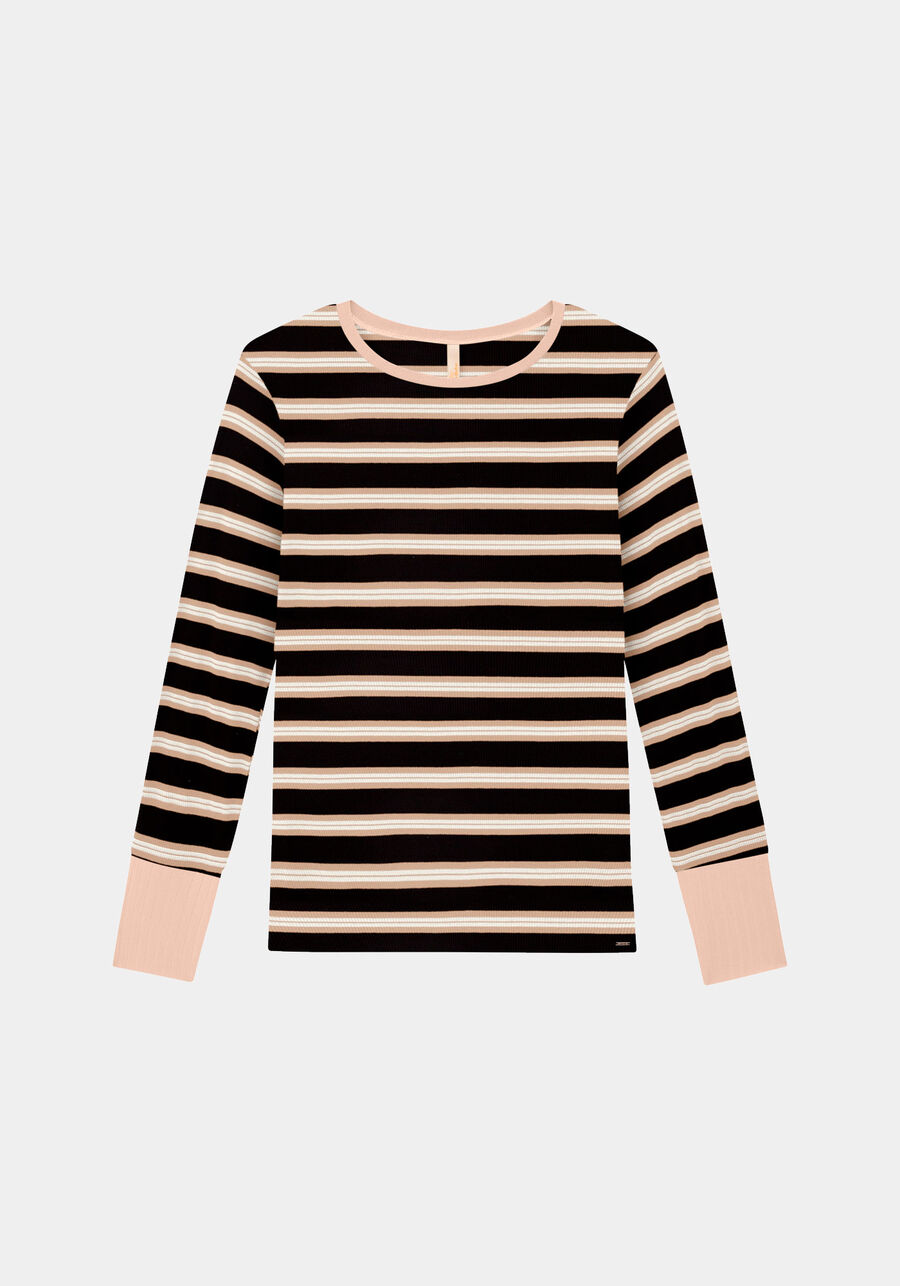 Blusa Listrada Canelada com Manga Longa Plus Size, BEGE ZUCCA. Blusa Listrada Canelada com Manga Longa Plus Size, BEGE ZUCCA, large.