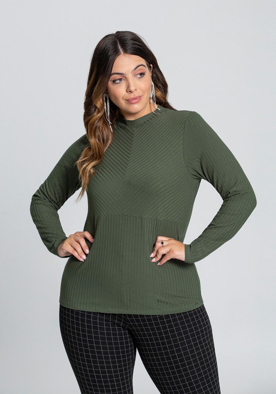 Blusa Manga Longa Gola Alta Canelada, VERDE REIGN. Blusa Manga Longa Gola Alta Canelada, VERDE REIGN, large.
