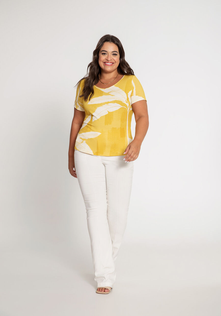 Blusa em Viscose Estampada Plus Size, AMARELO SOLE. Blusa em Viscose Estampada Plus Size, AMARELO SOLE, large.