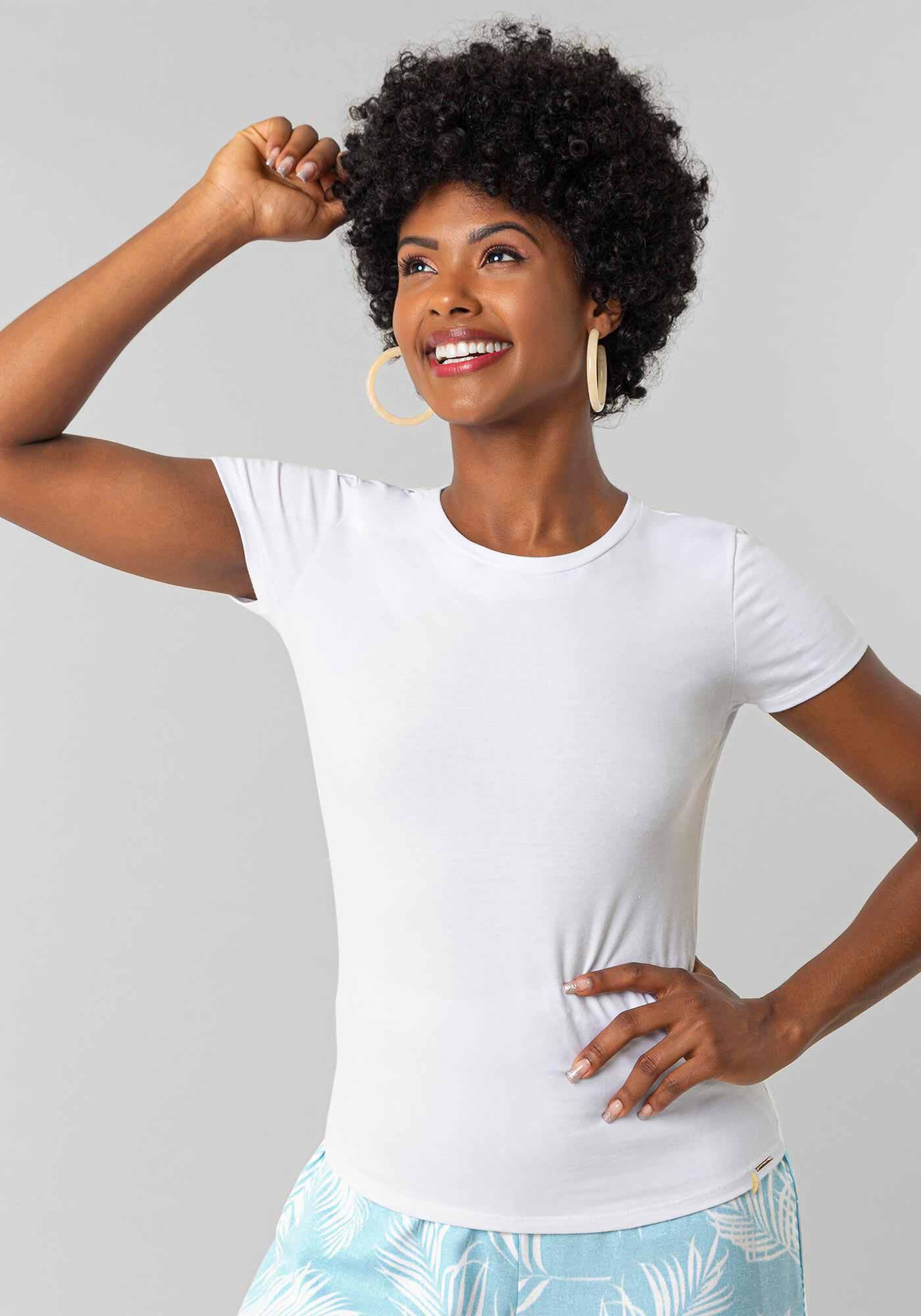 Blusa B&aacute;sica de Mangas Curtas Em Malha De Algod&atilde;o E Elastano, , large.