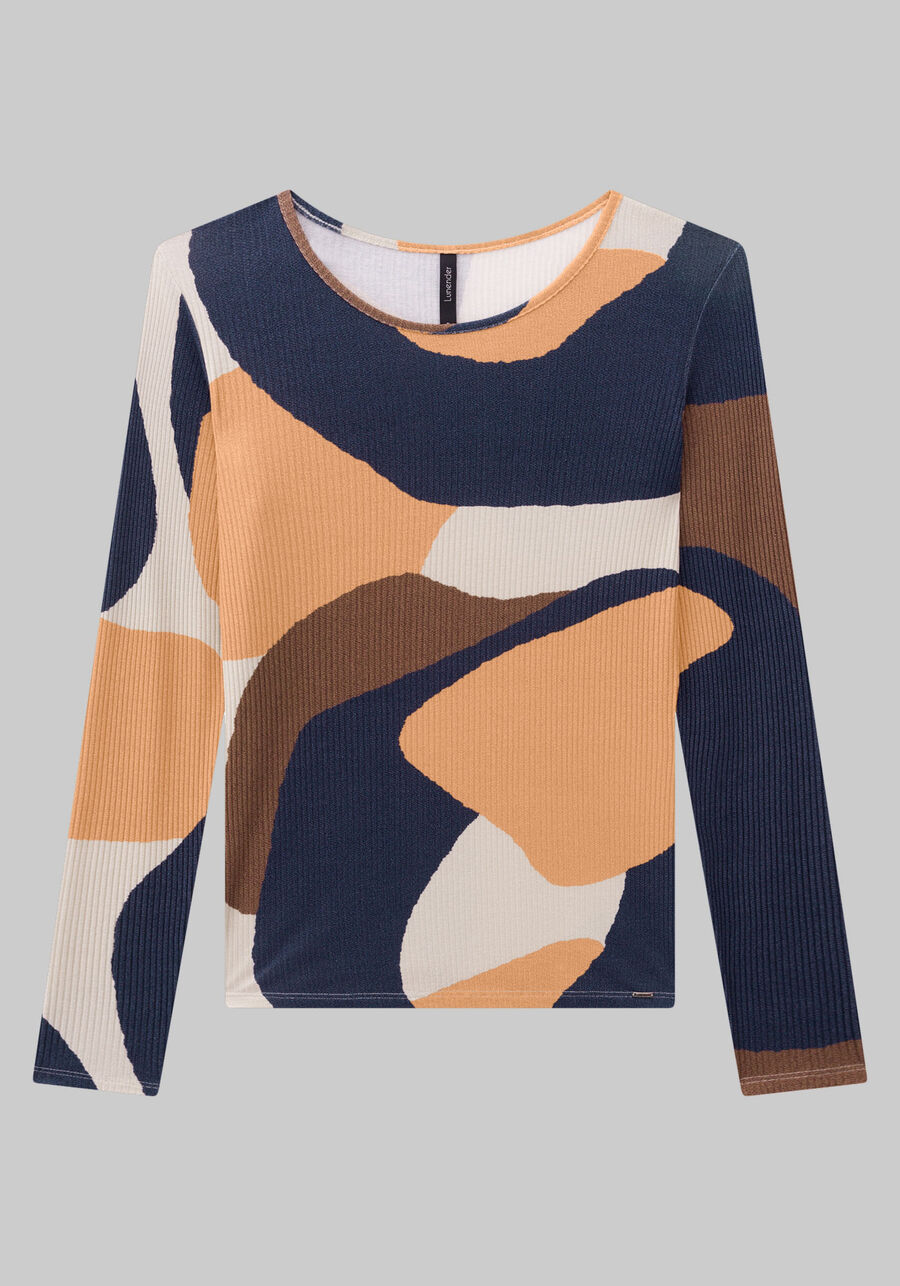 Blusa Manga Longa Canelada Estampada, DESERTO AZUL. Blusa Manga Longa Canelada Estampada, DESERTO AZUL, large.