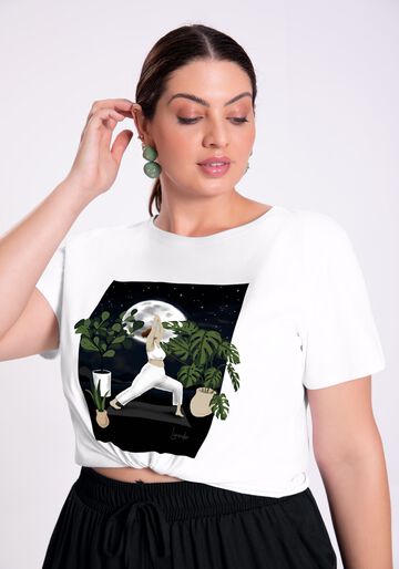 T-shirt Plus Size em Malha com Estampa Yoga, BRANCO, large.