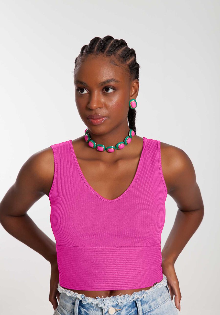 Blusa Cropped De Alças Com Decote V Em Malha Canelada, . Blusa Cropped De Alças Com Decote V Em Malha Canelada, , large.