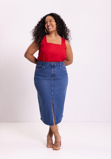 Saia Jeans Midi Com Elastano E Fenda Frontal, JEANS. Saia Jeans Midi Com Elastano E Fenda Frontal, JEANS, large.
