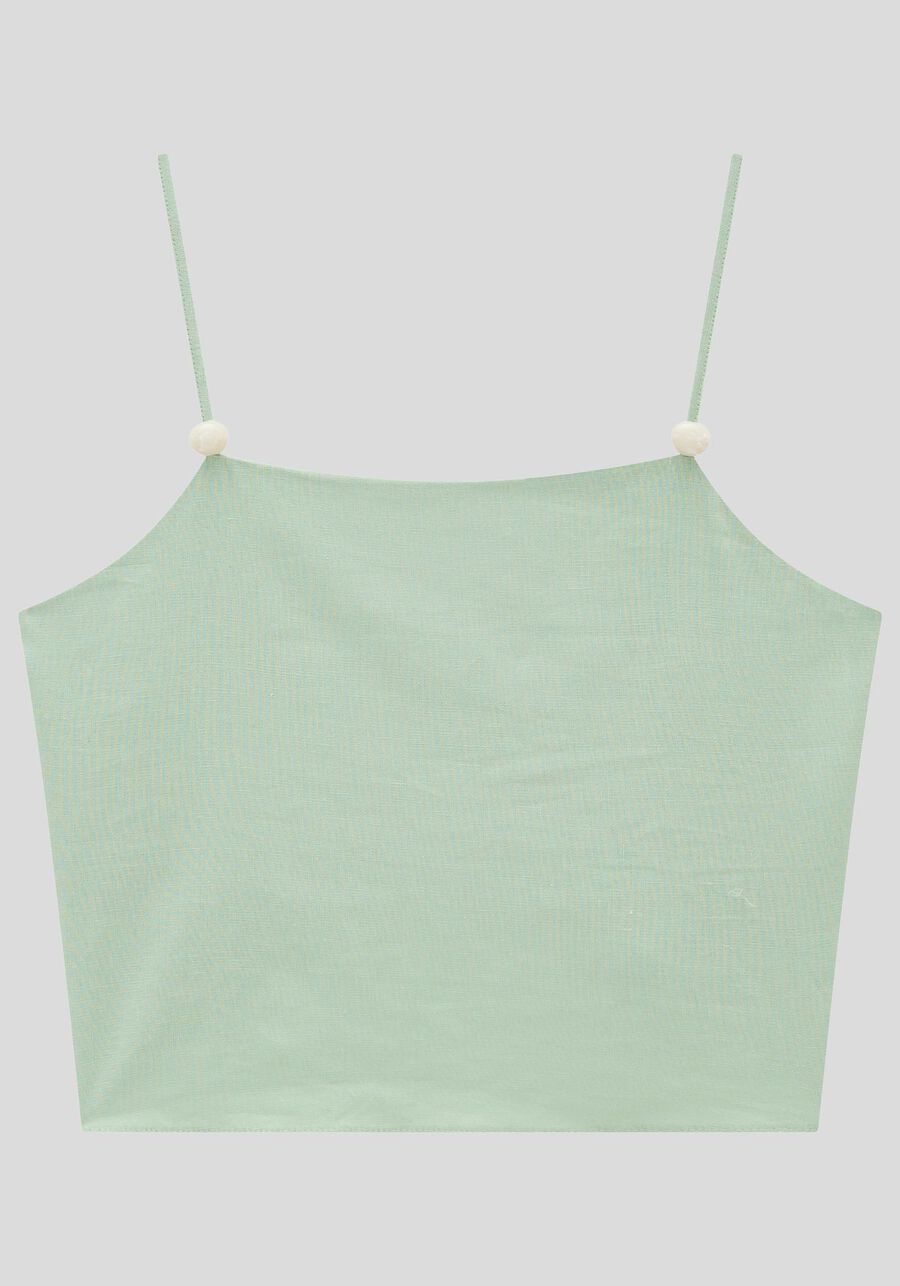 Blusa Cropped em Linho com Detalhe Alça, VERDE SPA. Blusa Cropped em Linho com Detalhe Alça, VERDE SPA, large.