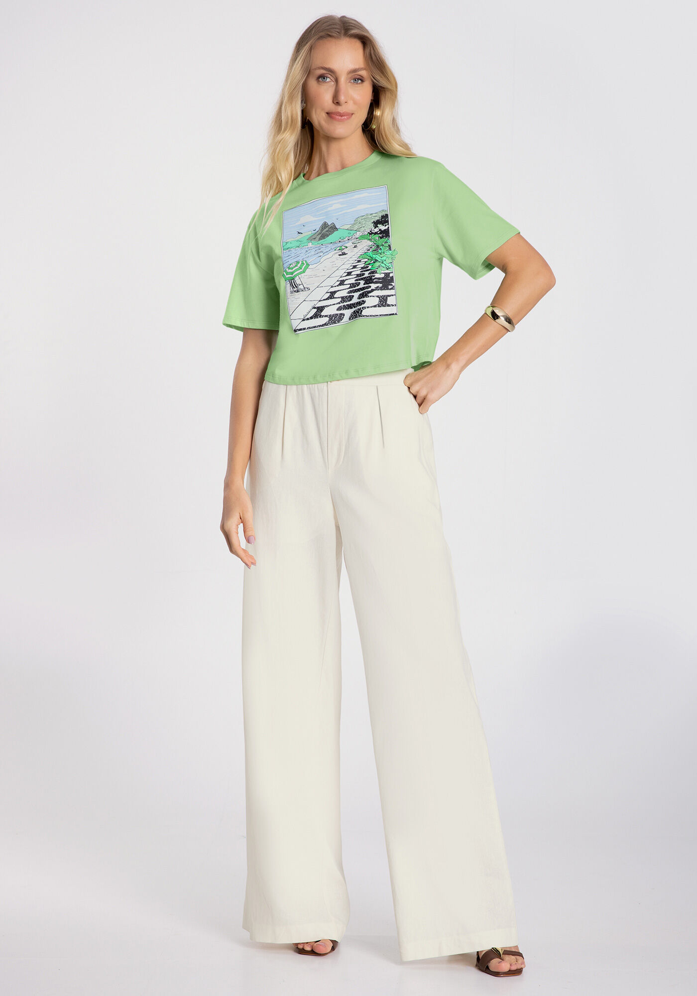 T-shirt Cropped em Malha com Estampa Rio, , large.