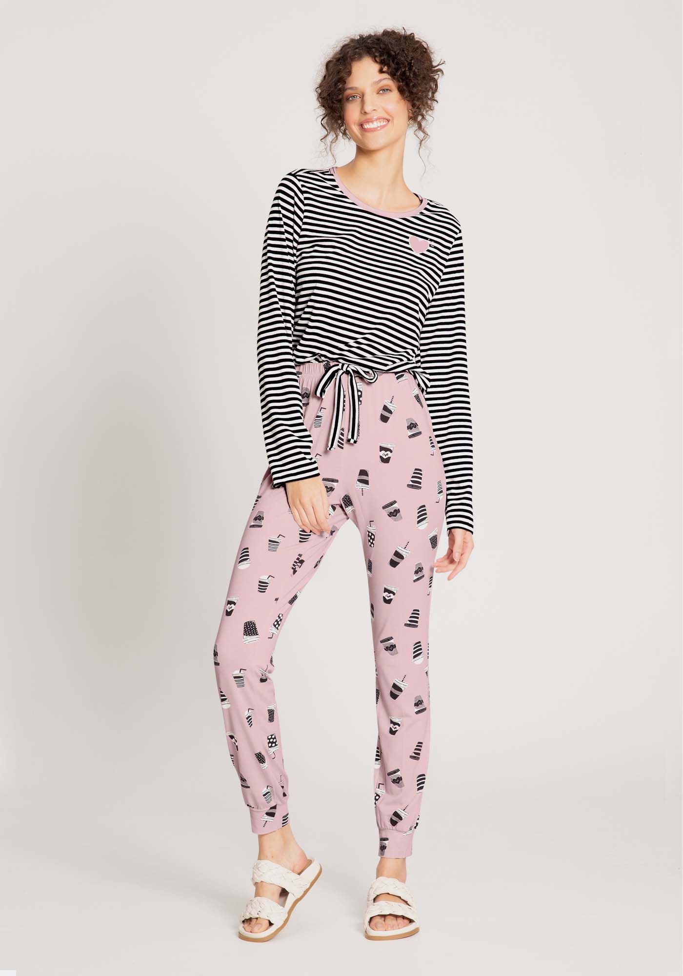Pijama Longo em Malha com Cal&ccedil;a e Blusa Manga Longa, , large.