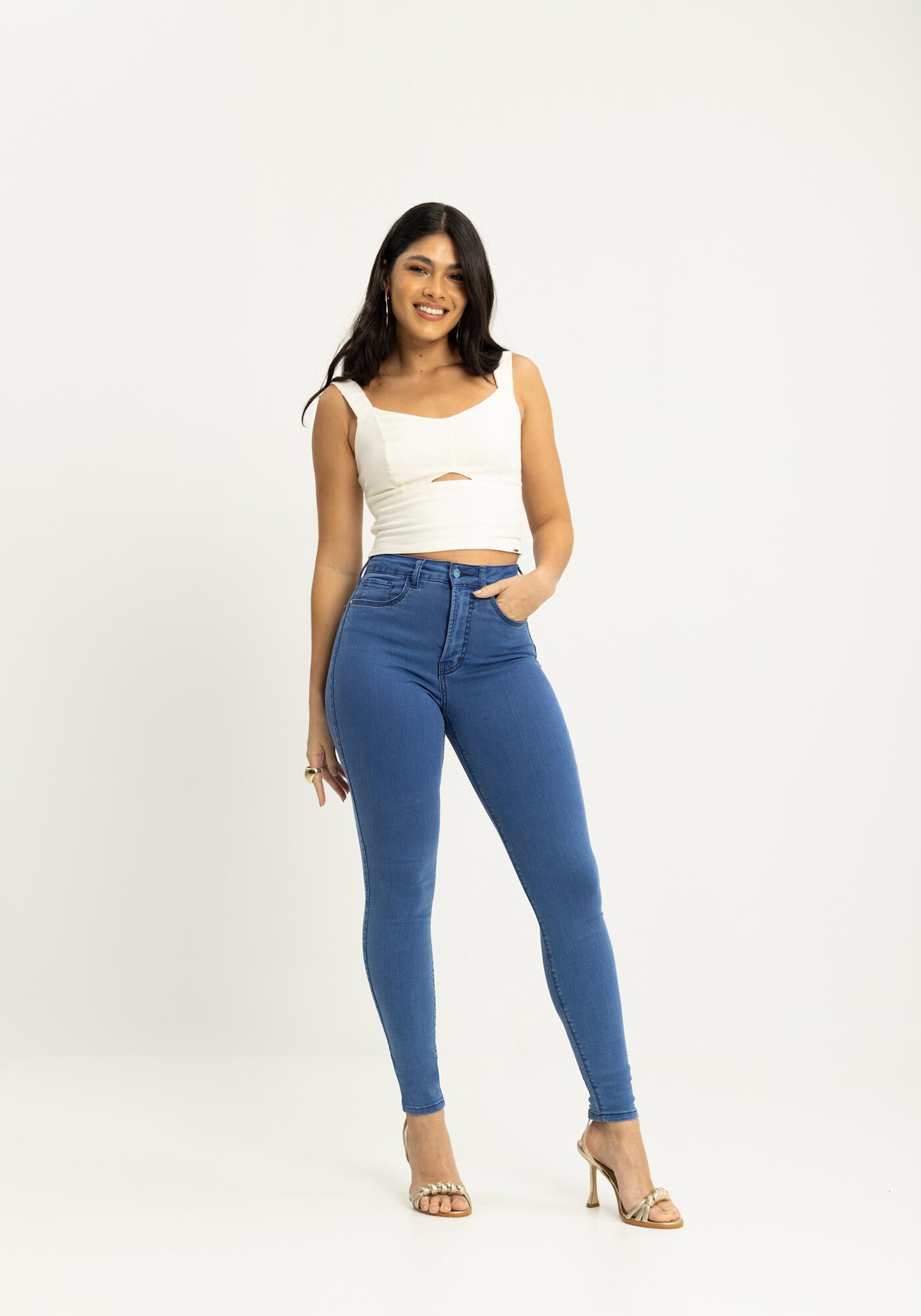Cal&ccedil;a Skinny Jeans Amaciada Com Cintura Alta Chapa Barriga, JEANS, large.