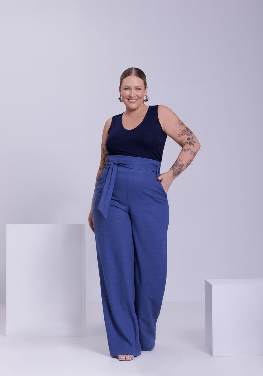 Calça Wide Leg Plus Size em Tecido Linho com Cinto, MARINHO STELLA. Calça Wide Leg Plus Size em Tecido Linho com Cinto, MARINHO STELLA, large.