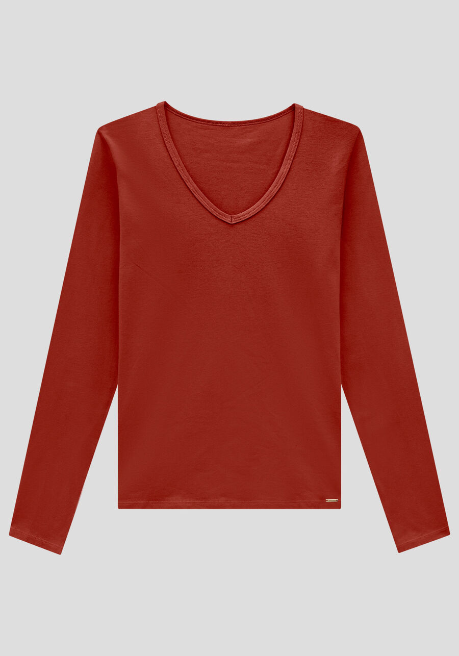 Blusa Manga Longa Básica em Malha com Decote V, VERMELHO CRAPE. Blusa Manga Longa Básica em Malha com Decote V, VERMELHO CRAPE, large.